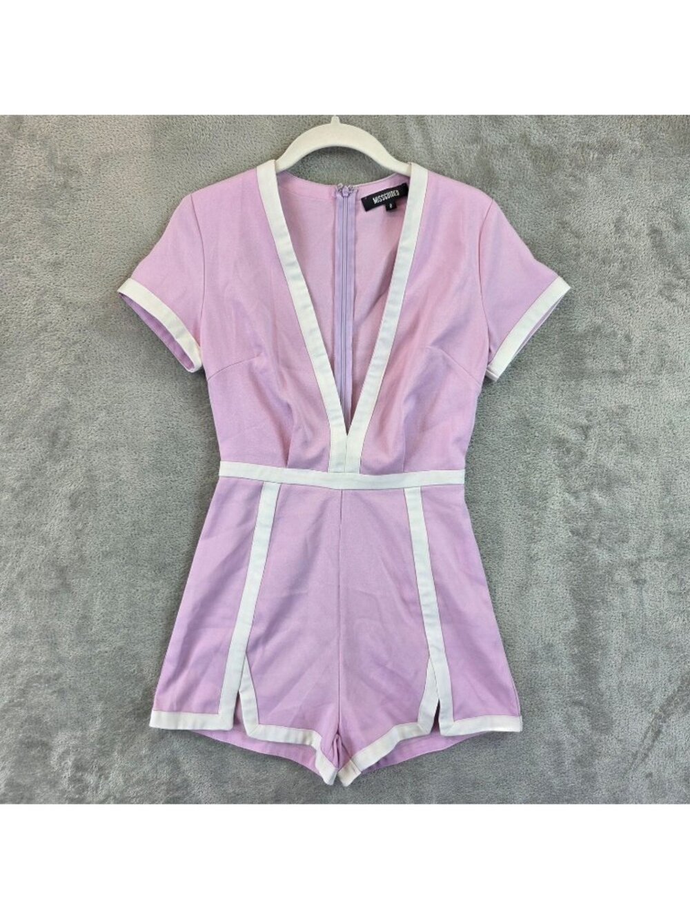 Missguided Romper Womens 4 Purple White Colorblock Deep V Neck Short Sleeve Zip